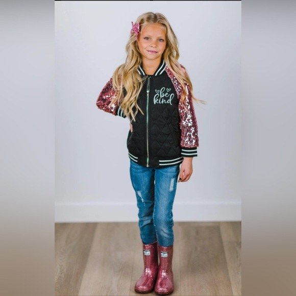 Girls Black Bomber Jacket Pink Sequin Sleeves Be Kind Graphic Sparkly Sm NIP - Picture 5 of 15